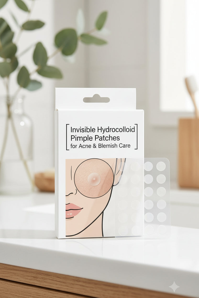 A package of Invisible Hydrocolloid Pimple Patches for Acne & Blemish Care, displayed on a white countertop with a blurred bathroom background.
