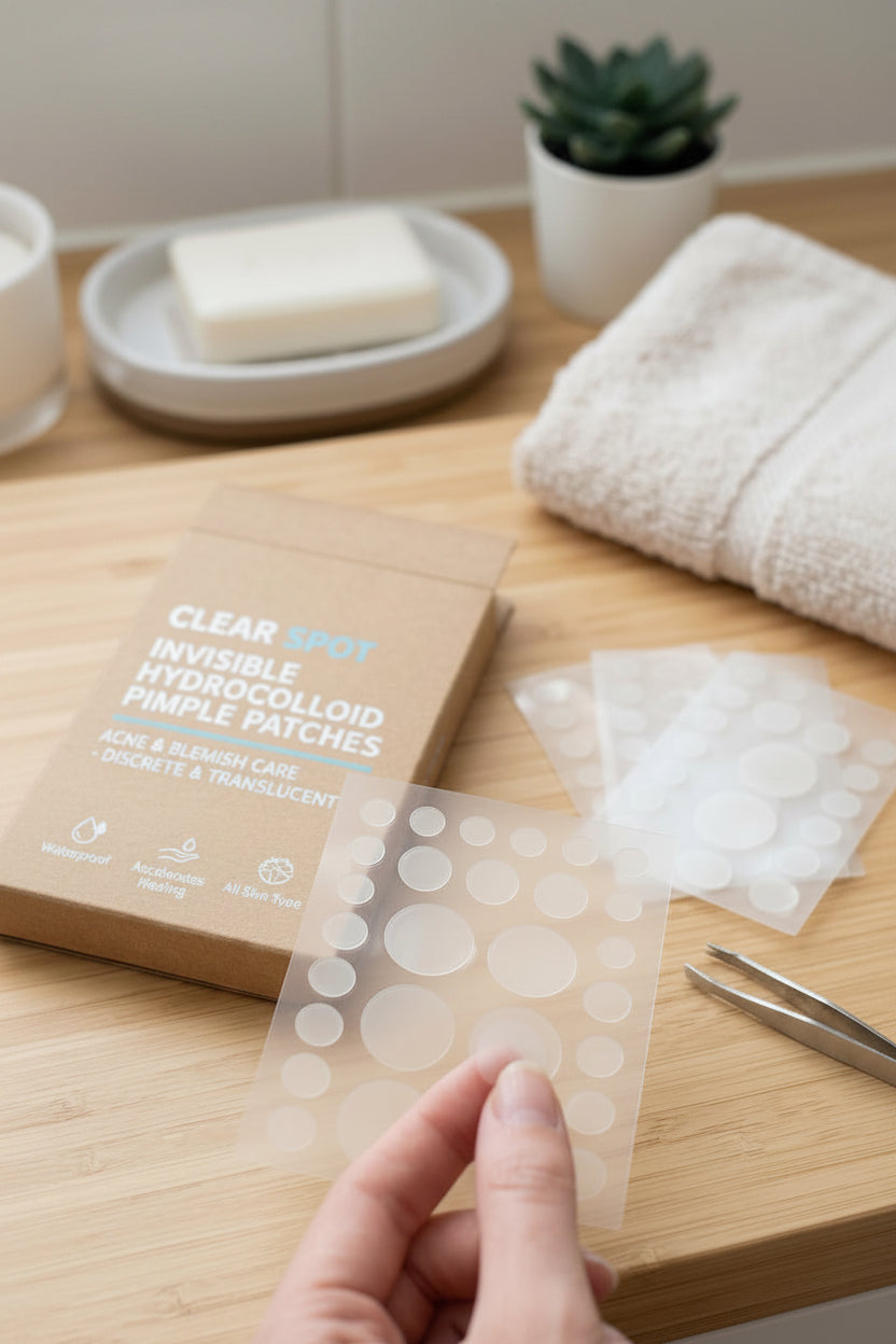 A hand holds a transparent sheet of round pimple patches in front of a brown cardboard box labeled 'CLEAR SPOT INVISIBLE HYDROCOLLOID PIMPLE PATCHES' on a wooden countertop, with tweezers and a folded towel nearby.