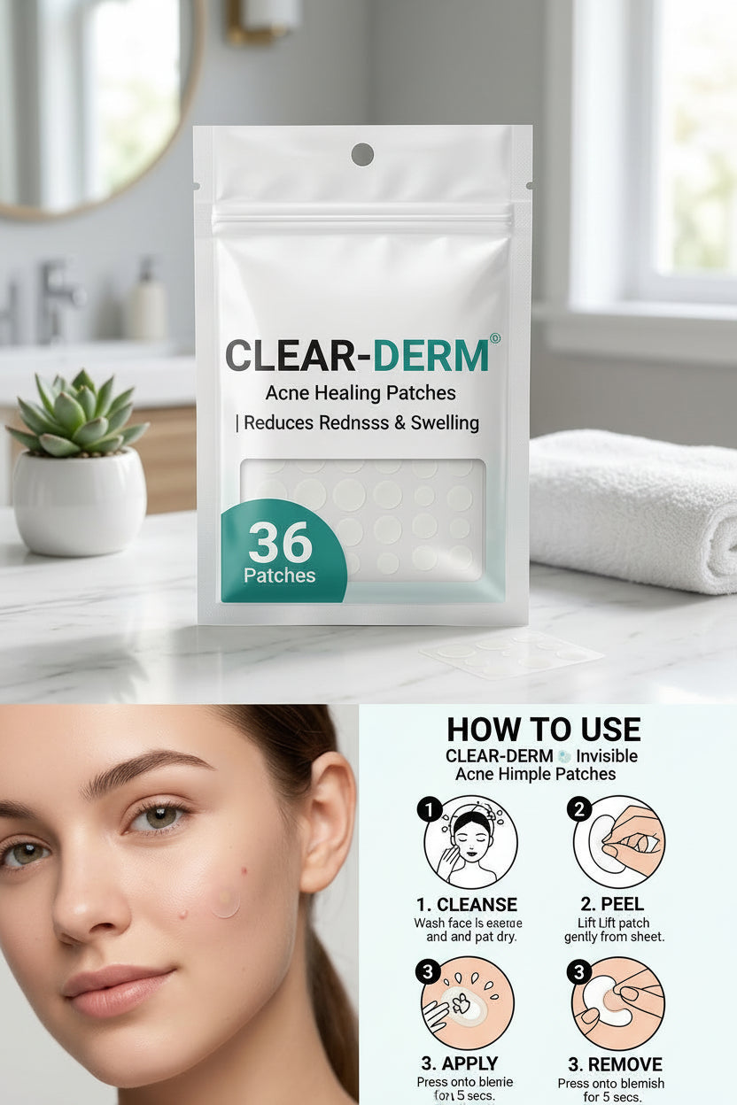 ACNE-CARE Invisible Pimple Patches product packaging shown above a lifestyle photo of a woman's face and a step-by-step how-to diagram. The pouch is white with teal and black text, and the lower section includes a close-up of a woman's face and four illustrated steps for use.