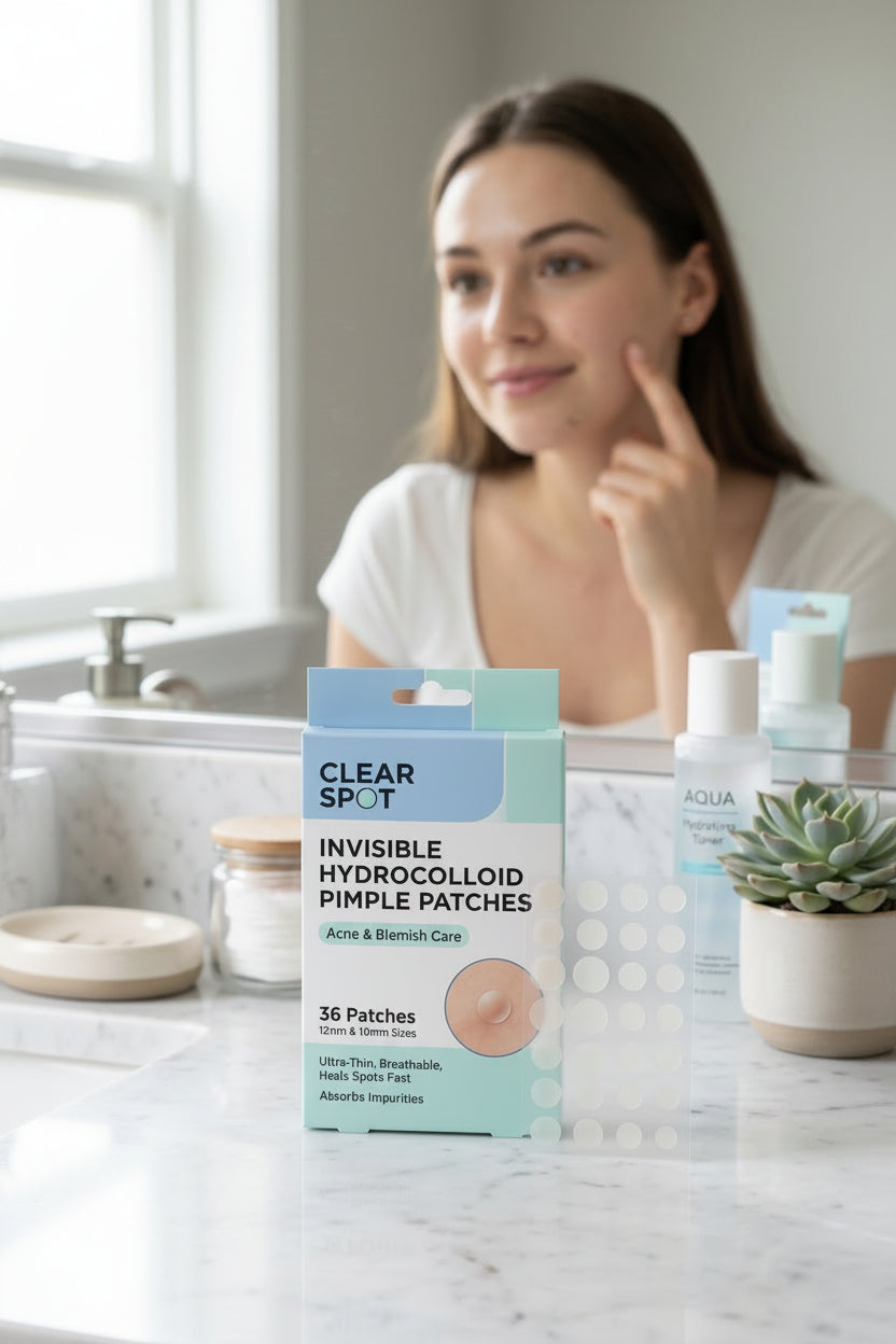 A woman in a bathroom stands behind a sink while looking at a box of Clear Spot Invisible Hydrocolloid Pimple Patches on a marble countertop.