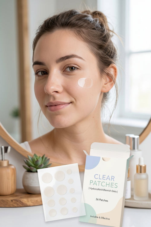 A woman with clear skin smiles in a bright bathroom setting, with a sheet of round patch stickers and a box labeled 'CLEAR PATCHES' in the foreground.